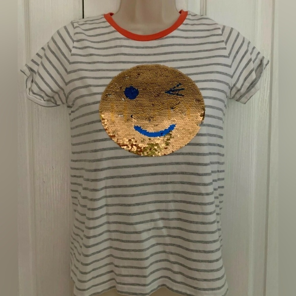 BODEN Girls Stripe Flip Sequin HAPPY SMILE WINK EMOJI SS T Shirt 11-12 Y